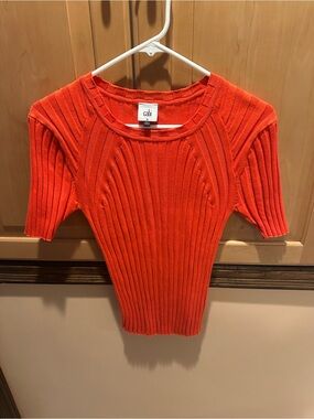 CAbi Bright Orange Ribbed Short Sleeve Crew Sweater